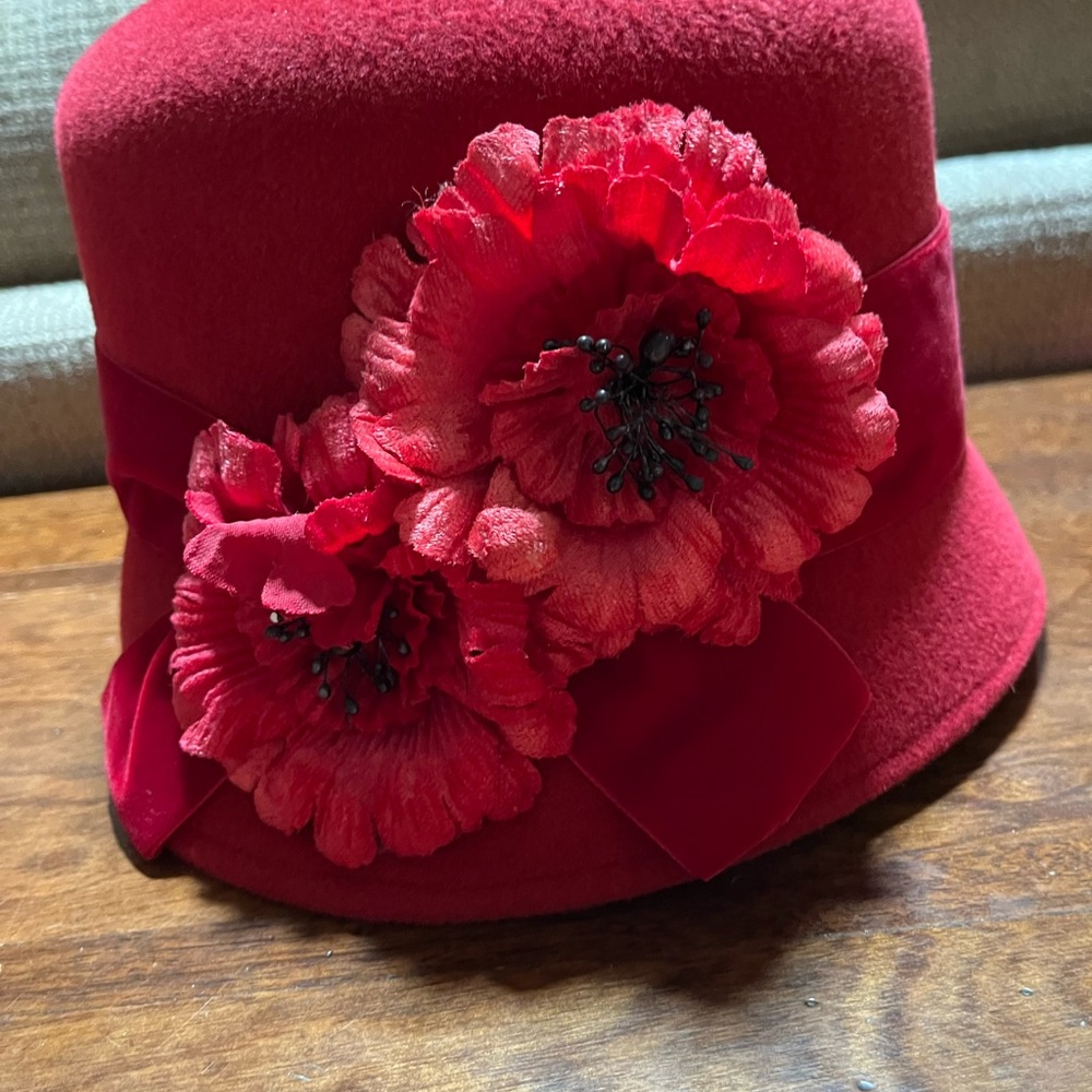 Red Cloche Hat with Dramatic Floral Accents